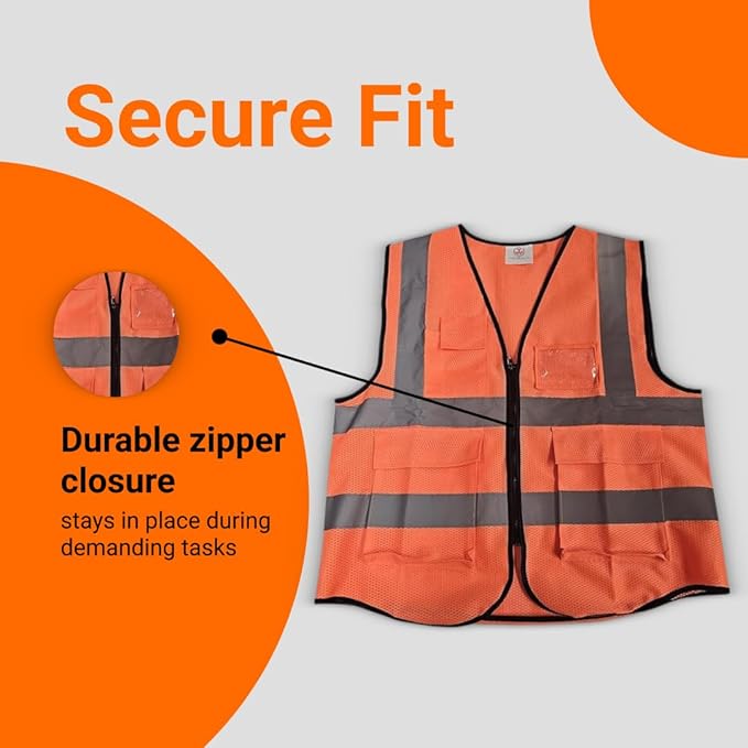 High-Visibility Safety Vests – Pack of 3, Reflective vest, Front Zipper & - Image 2