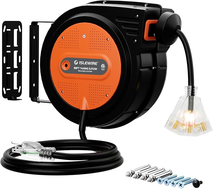 80FT Retractable Extension Cord Reel, 14 AWG/3C SJTOW Heavy Duty Power Cord by ISLEWIRE