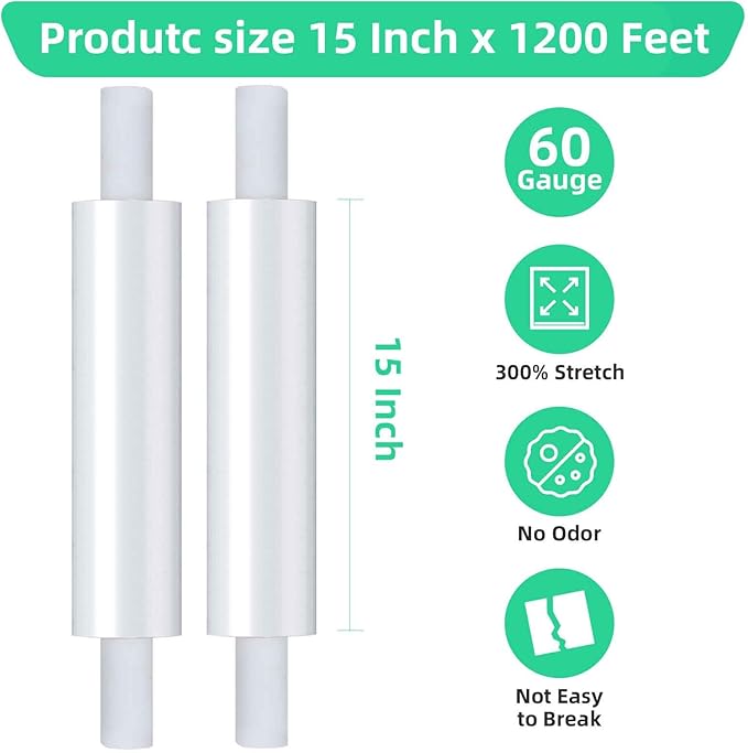 2 Rolls Stretch Film Wrap with Handles 15"x 1200ft, Heavy Duty Clear Plastic - Image 3