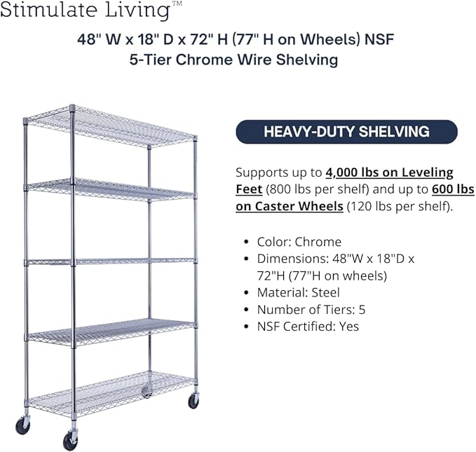 48"x18"x72" PRIME HEAVY DUTY Chrome 5-Tier Wire Shelving NSF 4000 LBS MAX - Image 4