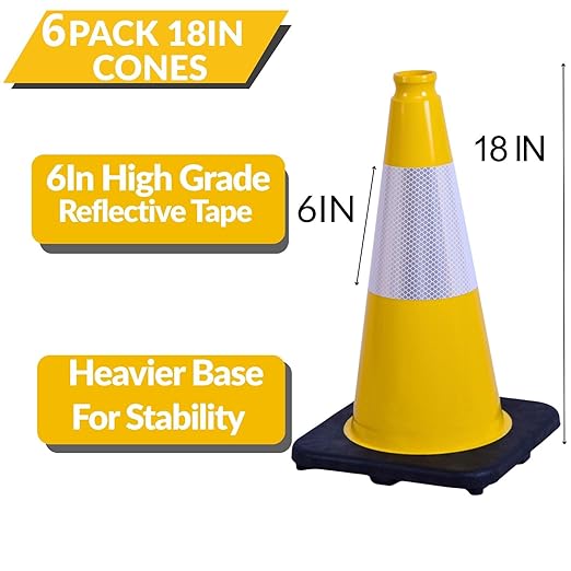 BESEA 6Pack 18 Inch Yellow Traffic Cones - Image 2