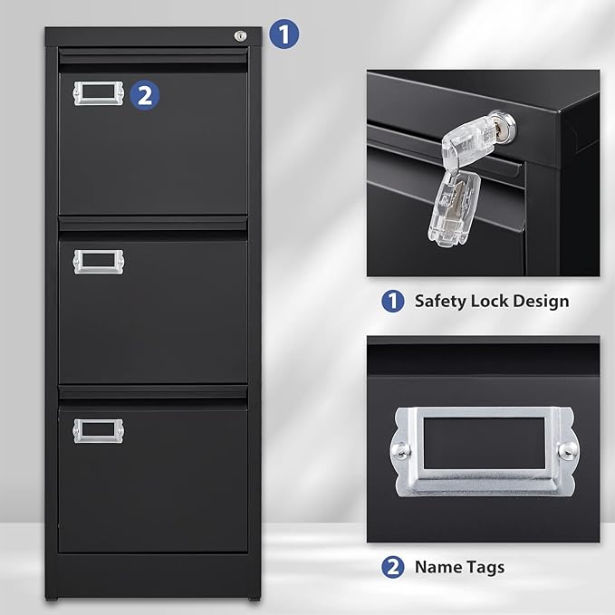 3-Drawer File Cabinet, Locking Metal Vertical File Storage - Image 7