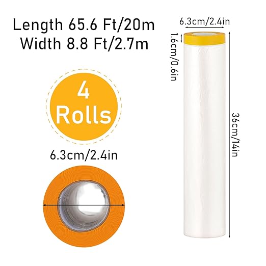 Pre-Taped Masking Film, 4 Rolls 8.8 x 65 Feet Plastic Sheeting, Painters Drop - Image 2