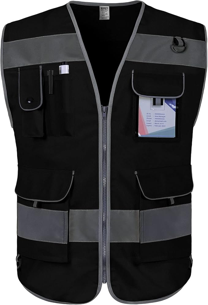 TCCFCCT Black Safety Vest for Men Women 9 Pockets High Visibility Reflective by TCCFCCTPROFESSIONALSAFETYSOLUTIONS