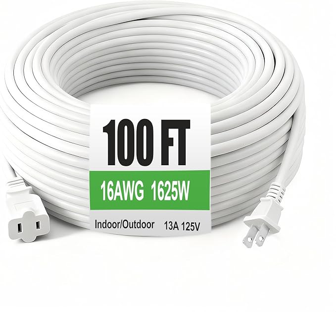 White Waterproof Extension Cord 100ft, 13A 1625W 16AWG ETL-Certified by Gutedeal