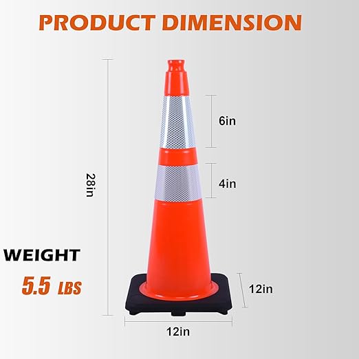 8 Pack 28 Inch Orange PVC Traffic Cones Black Base Stable Flexible, Road Safety - Image 2