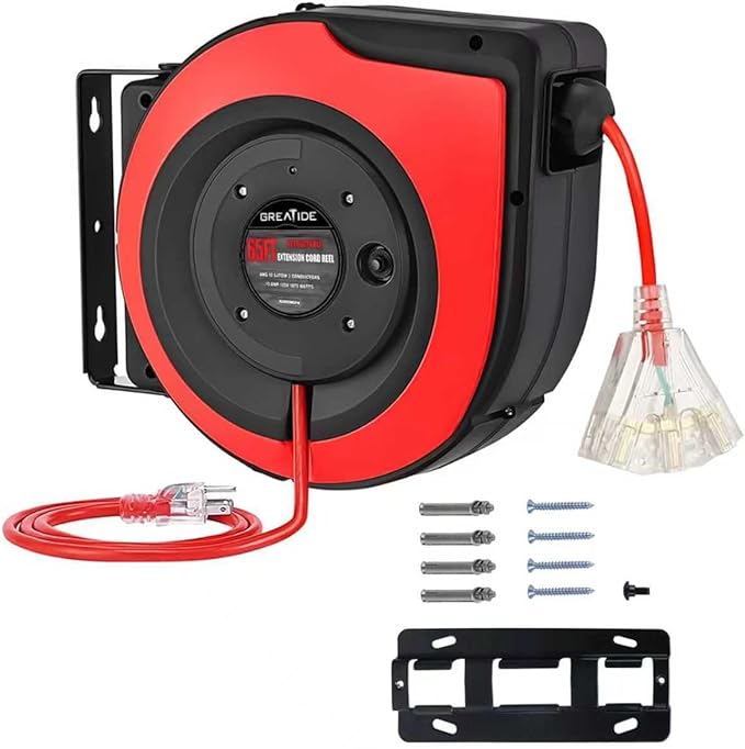 Retractable Extension Cord Reel, 65 Feet 12 AWG/3C SJTOW Heavy Duty Power Cord by GREATIDE