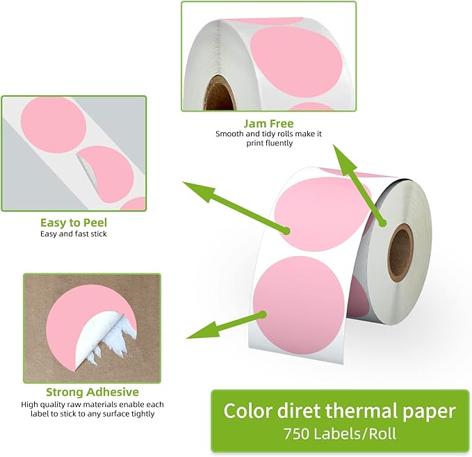 2" Pink Circle Direct Thermal Labels, Self-Adhesive Round Direct Thermal - Image 3