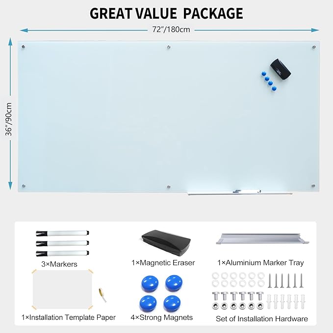 Magnetic Glass Whiteboard 36"X72" Dry Erase Board White Board Wall Mounted - Image 4