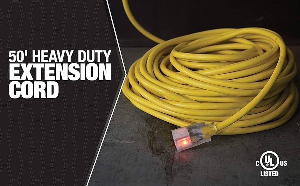 Southwire Outdoor Extension Cord – Durable Vinyl Jacket for For Farm, Ranch & Workshop - Lighted End With Reinforced Blades - SJTW, Yellow - 12 Gauge, 3 Prong - 50 Feet - Image 3