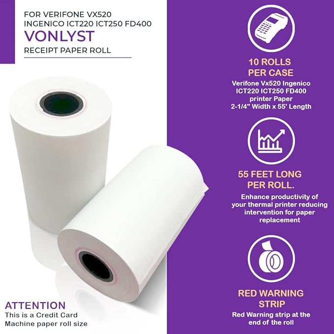 Thermal Paper Roll 2 1/4 X 55 for Verifone Vx520 Ingenico ICT220 ICT250 FD400 - Image 4