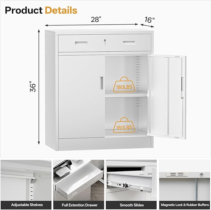 Metal Storage Cabinets with Drawer, Small White Steel File Cabinet - Image 3