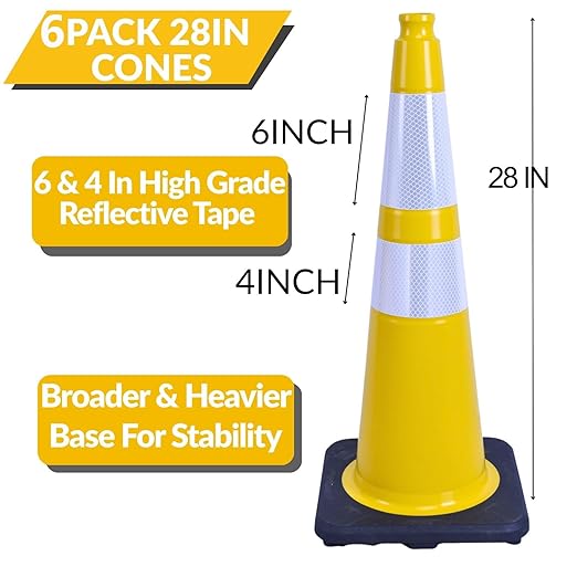 BESEA 6PACK 28 inch Traffic Safety Cones Yellow Road Parking Cones 28" Heavy - Image 2