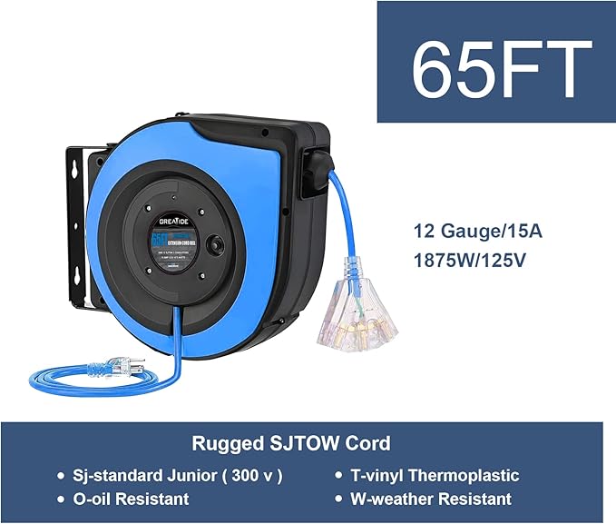 Retractable Extension Cord Reel, 65 Feet 12 AWG/3C SJTOW Heavy Duty Power Cord - Image 2
