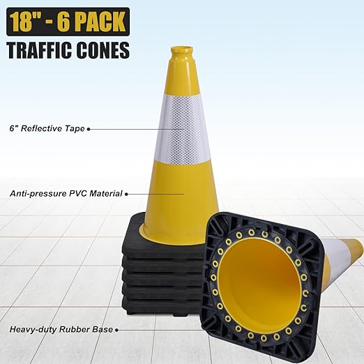 6 Pack 18" Inch Yellow PVC Traffic Cones - Image 2