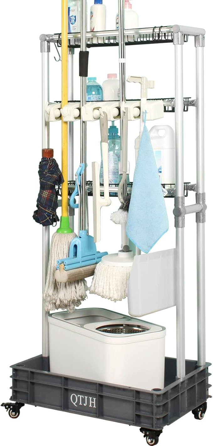 Storage Shelf Broom mop Holder Hold Your Cleaning Supplies Janitorial cart by QTJH