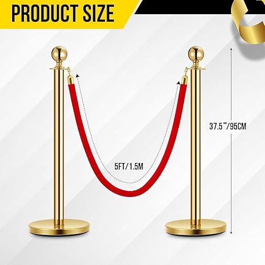 8PCS Gold Stanchion Post with 5 Ft Rope Stainless Steel Crowd Control Barriers - Image 2