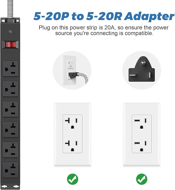 HEZI 20 Amp Power Strip with 5-20P/T- Plug, Heavy Duty High Amp Metal Surge - Image 3