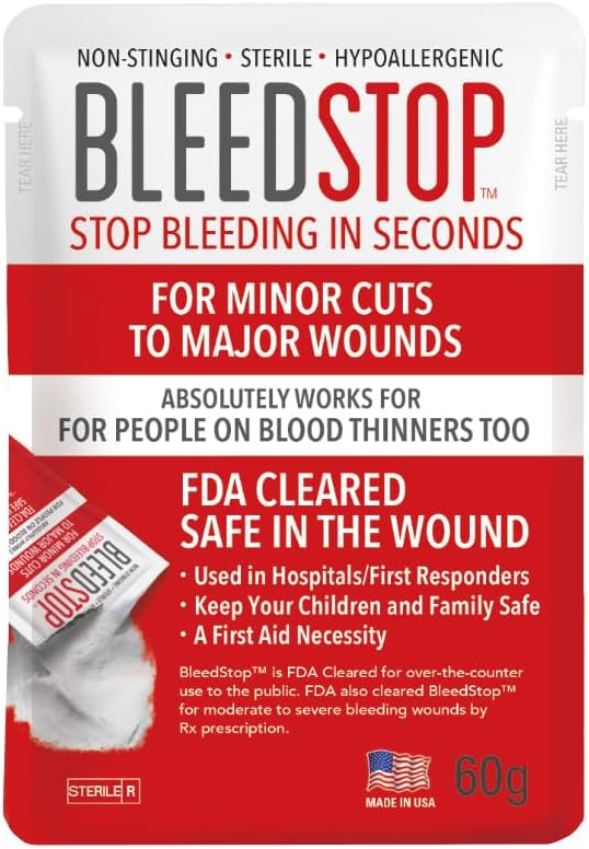 BleedStop™ First Aid Powder for Blood Clotting, Trauma Kit, Blood Thinner Patients, Camping Safety, and Survival Equipment for Moderate to Severe Bleeding Wounds or Nosebleeds - 1 (60g) Pouch by BleedStop