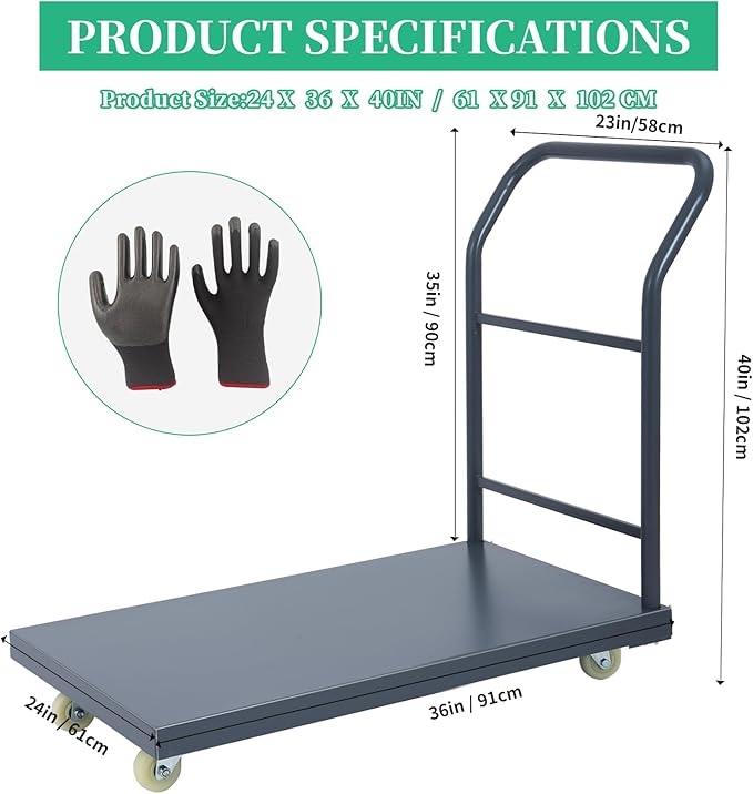 Heavy Duty Flatbed Cart 36"x24" Platform Truck, 2000 lbs Capacity Steel Hand - Image 3