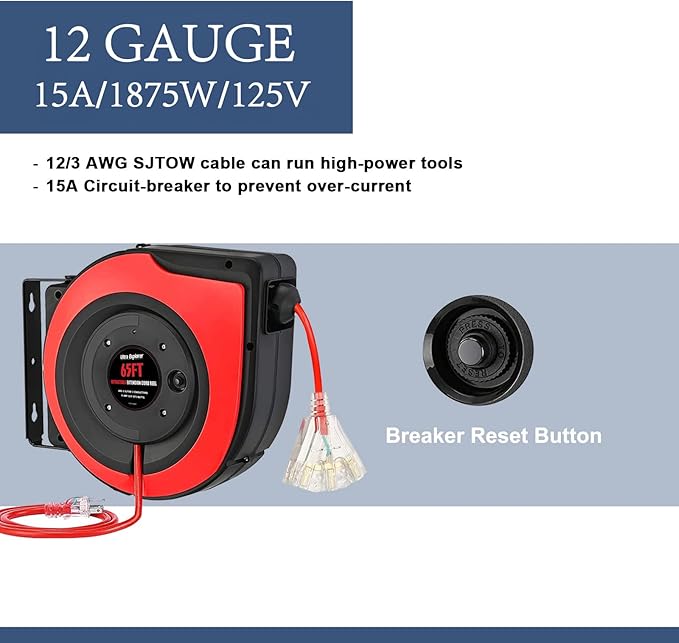 Retractable Extension Cord Reel, 65 Feet 12 AWG/3C SJTOW Heavy Duty Power Cord - Image 6