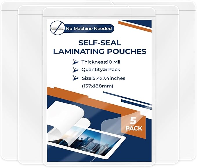5 Pack 10 Mil 5"x7" Self Sealing Laminating Pouches Self Adhesive Lamination by Unknown