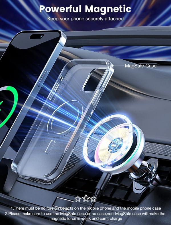 for Magsafe Car Mount Charger 15W LED RGB Car Phone Holder for Dash Vent - Image 6