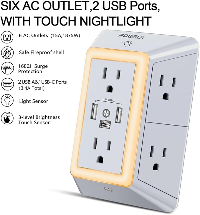 USB Wall Charger, Surge Protector, POWRUI 6-Outlet Extender - Image 2