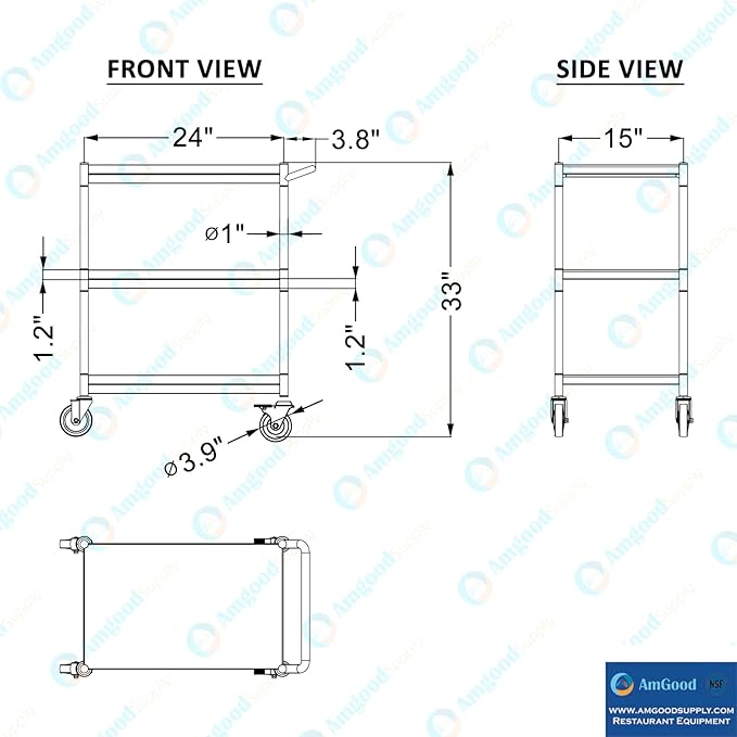 3 Shelf Stainless Steel Tubular Utility Cart | 15 in. Wide x 24 in. Long x 33 - Image 4