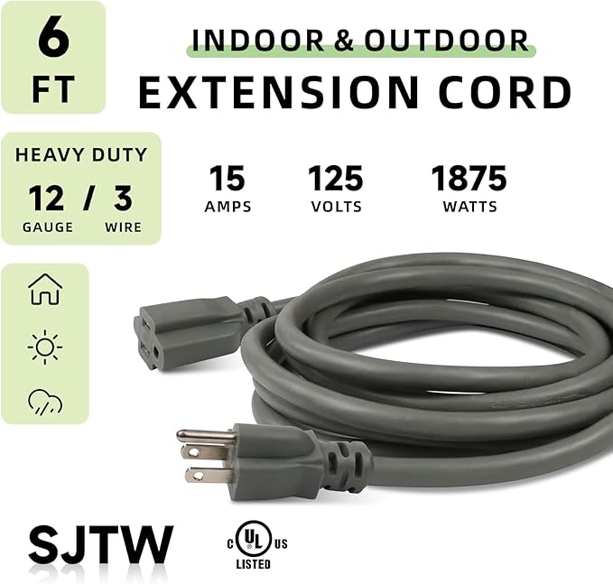 EP 6 Ft Outdoor Extension Cord, 12/3 SJTW Heavy Duty Extension Cable - Image 2