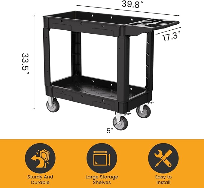 2-Tier Rolling Tool Cart, Heavy-Duty Plastic Service Cart - Image 5