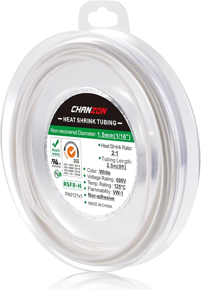 Chanzon 2:1 Ratio 1/16" Heat Shrink Tubing 8Ft Roll White Polyolefin Sleeving by Chanzon