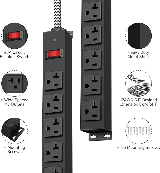HEZI 20 Amp Power Strip with 5-20P/T- Plug, Heavy Duty High Amp Metal Surge - Image 2