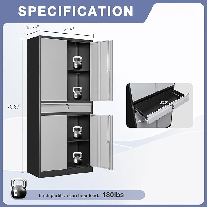 Metal Storage Cabinet with with Drawer, Garage Storage Cabinet with Locking - Image 3