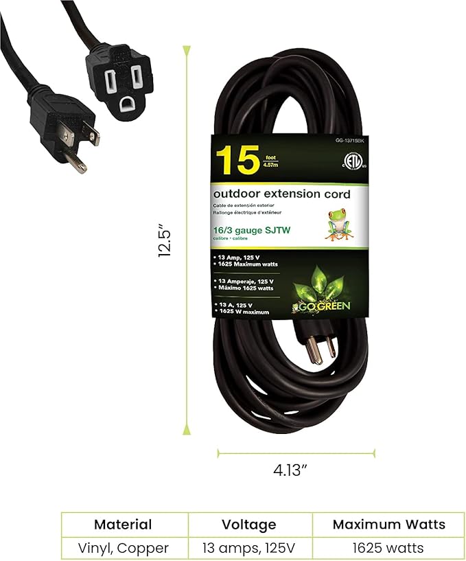 Go Green Power Inc. 16/3 SJTW Outdoor Extension Cord, 15 ft - Image 2