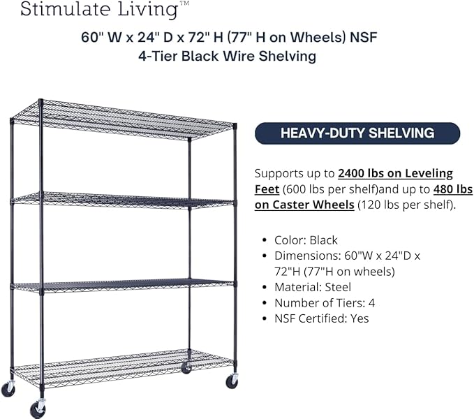 60"x24"x72" PRIME HEAVY DUTY Black 4-Tier Wire Shelving NSF 2400 LBS MAX - Image 4