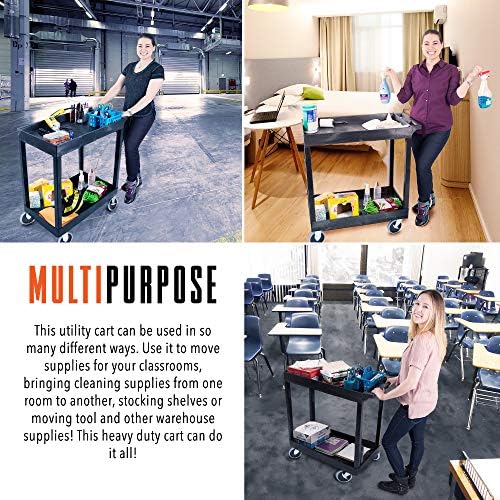 Stand Steady Tubstr 2 Shelf Utility Cart Supports Up to 250 lbs - Heavy-Duty Plastic Service Push Cart with Deep Shelves and 5" Casters, for Offices, Warehouse Storage, Garage (Black, 32 x 18 x 51) - Image 4
