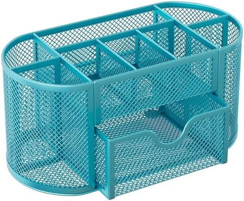 EasyPAG Mesh Pen Holder Desk Organizer with Drawer Stationery Supplies Organizer for Dorm School 9 Compartments Workspace Desk Accessories Organization for Office, Blue - Image 2