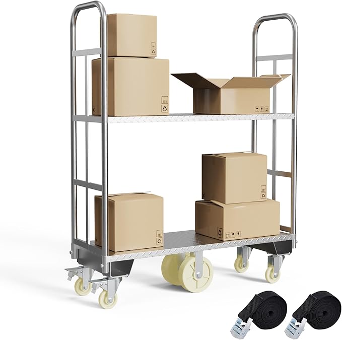 Two Tier U-Boat Platform Truck Cart, 16 x 48Inch Narrow Aisle Flatbed Truck by FAUENPEEY