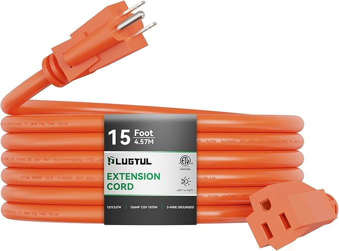 PLUGTUL 12/3 Outdoor Extension Cord 15 FT Waterproof, Heavy Duty 12 Gauge SJTW by PLUGTUL