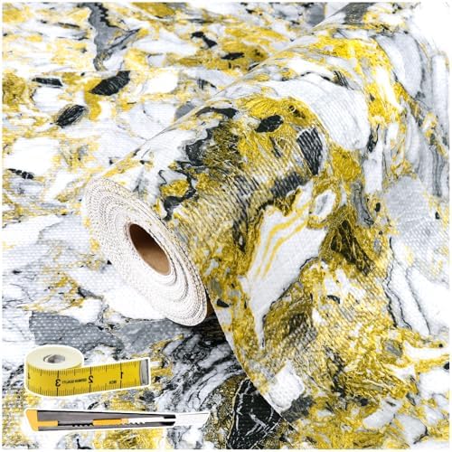 Drawer and Shelf Liner - Yellow Black Marble Pattern Non Adhesive by Kimhan