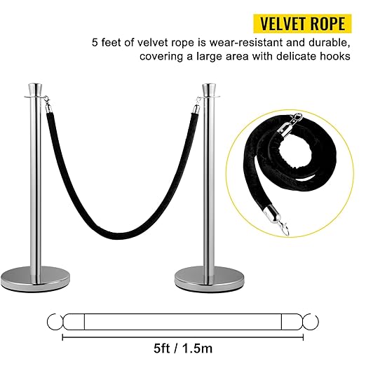 VEVOR Velvet Ropes and Posts 2 Pcs, 5 ft Black Velvet Rope, Stanchion Post - Image 3