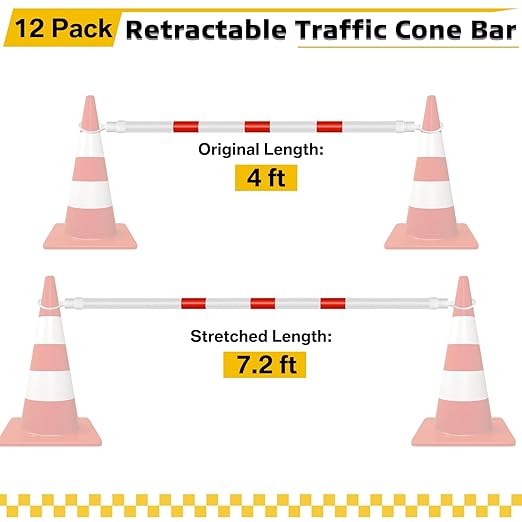 Huwena 12 Pcs Retractable Traffic Cone Bar from 4ft to 7.2ft Lightweight Bars - Image 2