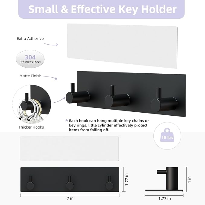 VIS'V Key Holder Wall Mount, Small Metal Self Adhesive Key Hanger - Image 3