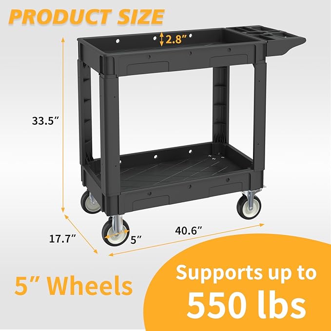 Utility Cart on Wheels, 2 Shelf Heavy Duty Plastic Rolling Cart, 550 lbs - Image 2