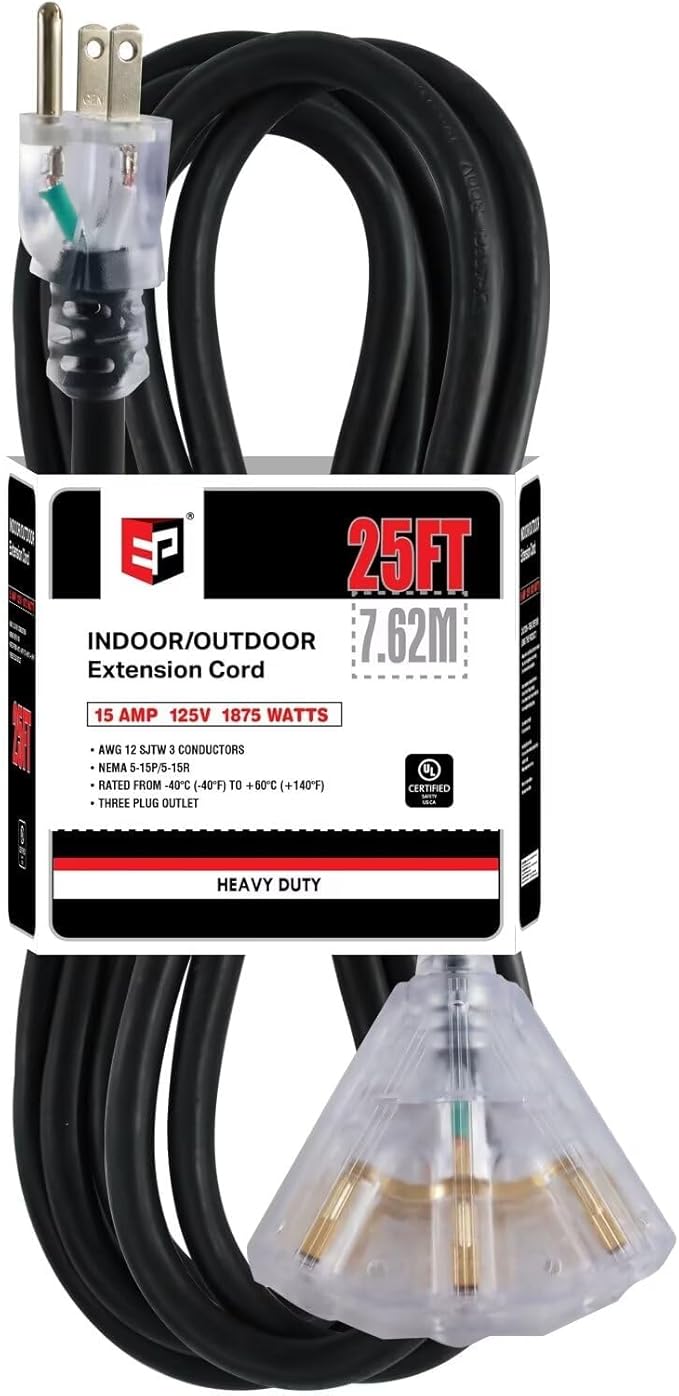 EP 25 Ft 12 Gauge Heavy Duty Extension Cord, 15A 125V 1875W, 3 Outlet by ENERGYPRO
