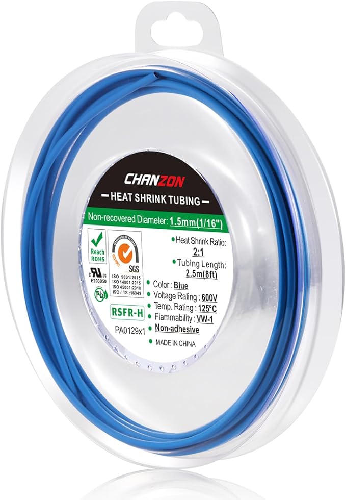 Chanzon 2:1 Ratio 1/16" Heat Shrink Tubing 8Ft Roll Blue Polyolefin Sleeving by Chanzon