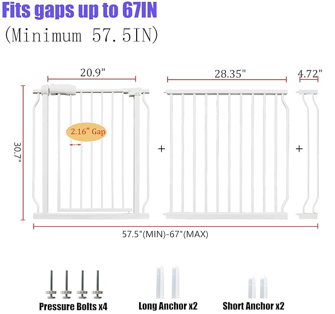 Extra Wide Baby & Dog Gate 62-67 Inch, Pressure Mounted No Drilling, Adjustable - Image 2