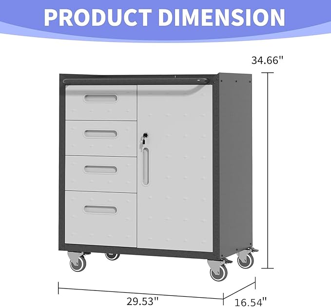 Metal Garage Storage Cabinet on Wheels, Lockable Rolling Tool Cabinet - Image 3