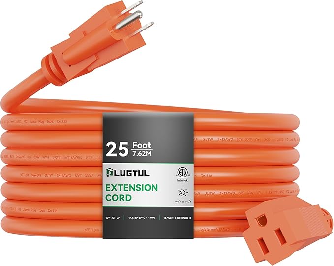 PLUGTUL 25 FT 12/3 Outdoor Extension Cord Waterproof, Heavy Duty 12 Gauge SJTW by PLUGTUL